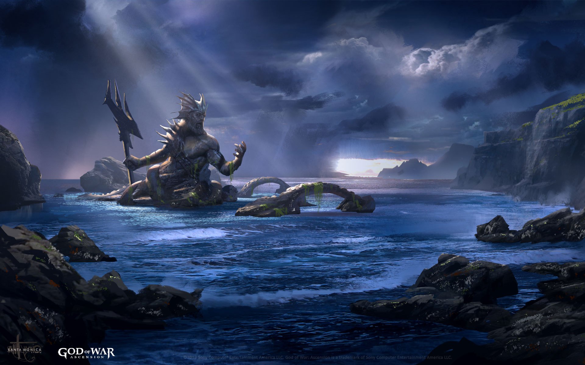 HD PC desktop wallpaper featuring a dramatic scene from the video game God of War: Ascension, showing a powerful figure seated on a rocky shore under a stormy sky.