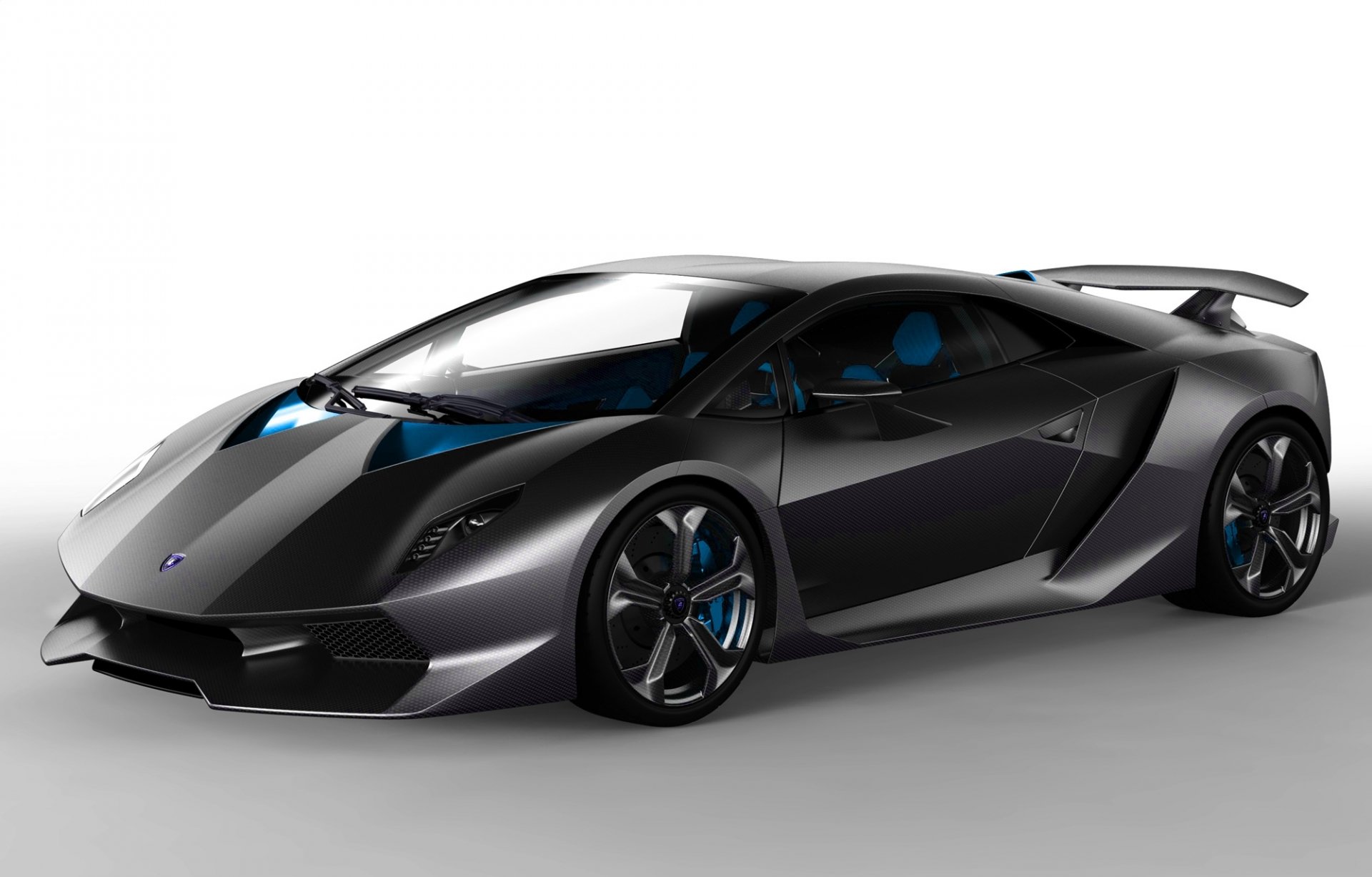 HD desktop wallpaper featuring a sleek, black Lamborghini Sesto Elemento sports car with blue accents against a white background.