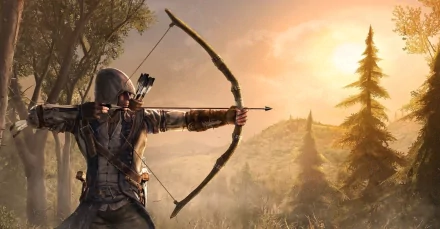A striking HD wallpaper from Assassin's Creed III featuring a character poised with a bow against a scenic sunset, surrounded by lush trees and rolling hills.