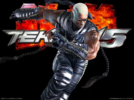 HD wallpaper of Raven from Tekken 5. The character, from the Tekken video game series, is depicted in an action pose against a fiery background.