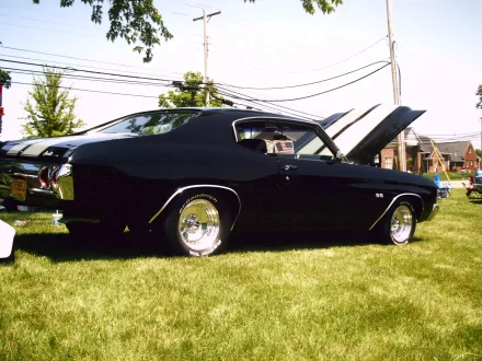 A striking black Chevrolet Chevelle SS parked on grass, showcasing its classic muscle car design and gleaming wheels, with the hood open, highlighting its powerful engine.