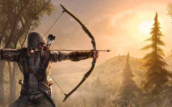 A striking HD wallpaper from Assassin's Creed III featuring a character poised with a bow against a scenic sunset, surrounded by lush trees and rolling hills.