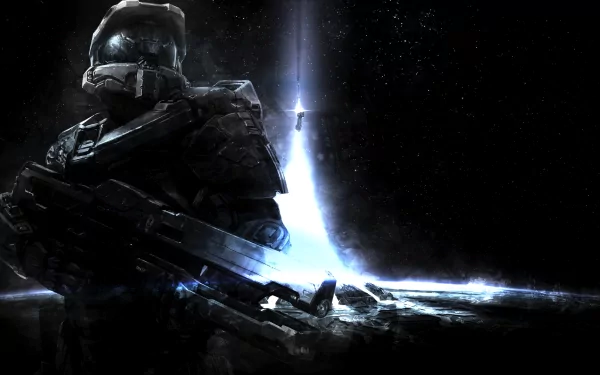 A striking HD wallpaper featuring a character from Halo 4, depicting a futuristic soldier with a weapon against a starry backdrop and glowing celestial elements.