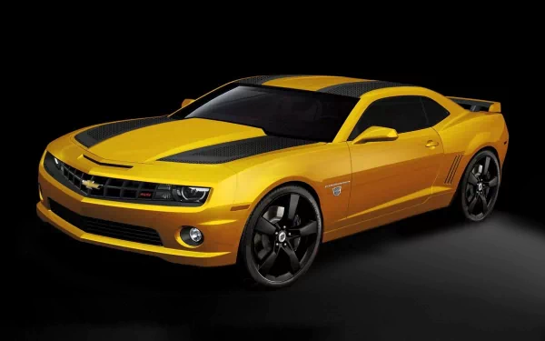 HD desktop wallpaper featuring a sleek yellow Chevrolet Camaro with black racing stripes against a dark background.