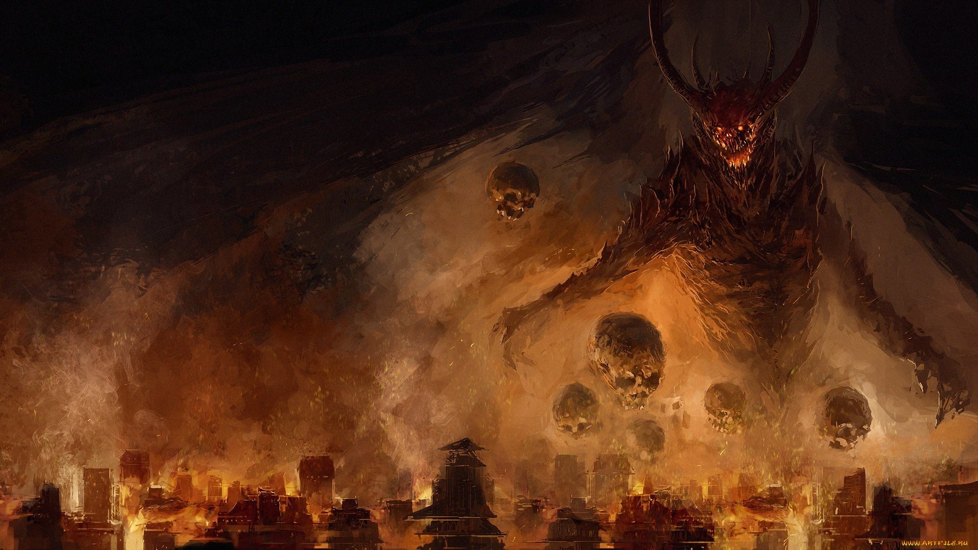 HD PC desktop wallpaper depicting a dark, fiery demon with glowing eyes looming over a burning cityscape surrounded by floating skulls.