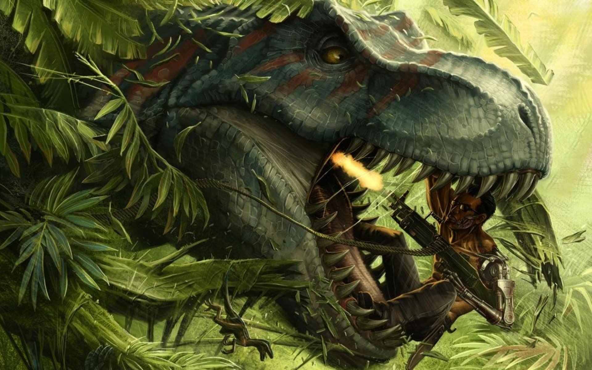 Sci-fi HD PC desktop wallpaper/background: a warrior in armor battling a massive reptilian dinosaur emerging from dense jungle, teeth bared, foliage framing the fierce action.