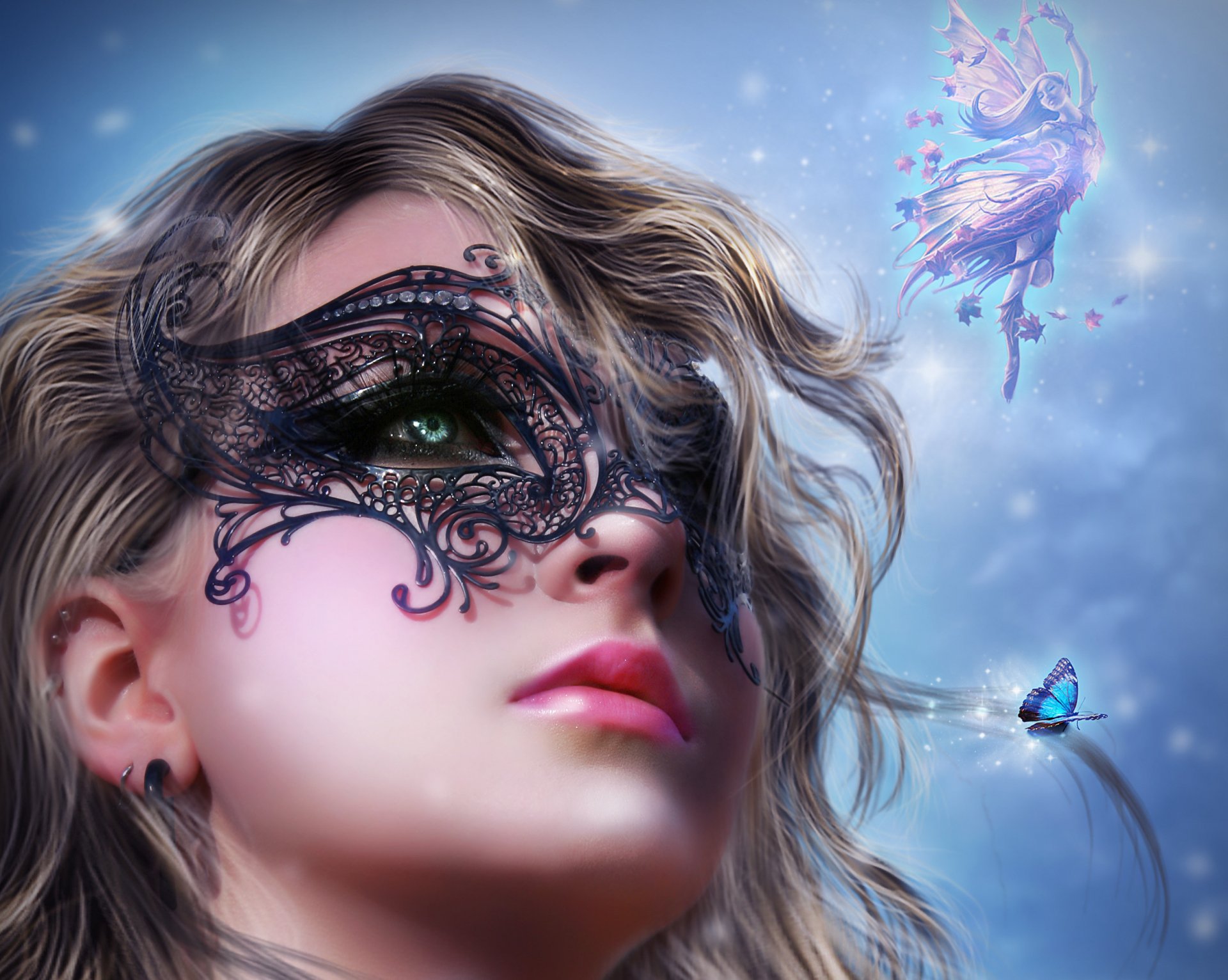 A woman wearing an ornate mask gazes upward, surrounded by ethereal elements and vibrant butterflies, creating a captivating artistic HD desktop wallpaper.
