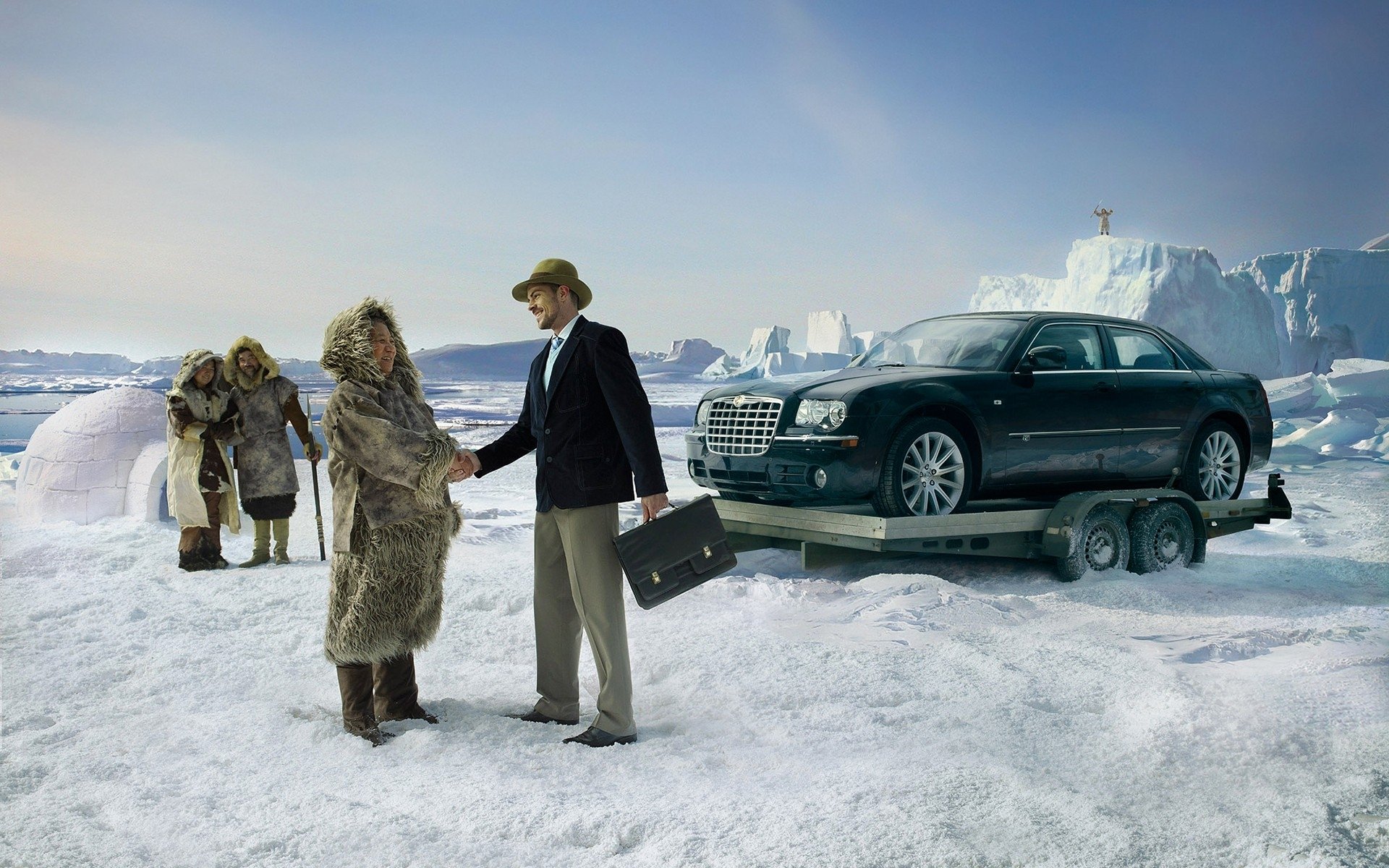 HD desktop wallpaper featuring a Chrysler 300 on a snowy ice landscape with people dressed in winter attire, blending luxury vehicle and arctic exploration themes.