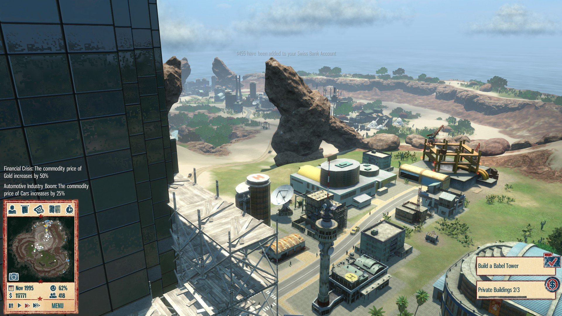 HD wallpaper featuring a vibrant scene from Tropico 4, with industrial buildings against a coastal backdrop.