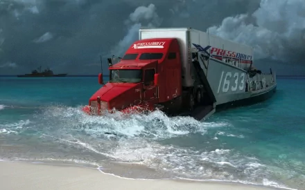 HD desktop wallpaper featuring a red Kenworth truck merging with a military ship at a stormy beach shore, blending vehicle and maritime elements.
