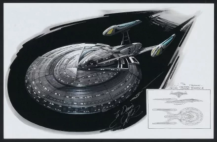 Sci‑Fi Star Trek HD PC desktop wallpaper background: detailed starship (saucer and twin nacelles) rendered over black space with inset technical schematics.