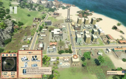 HD desktop wallpaper from Tropico 4 displaying a vibrant in-game cityscape with buildings, roads, and beaches.