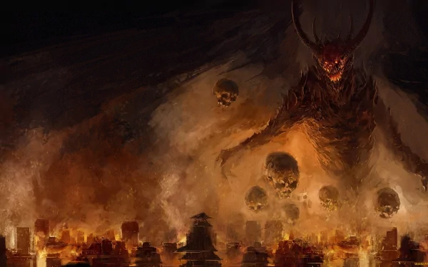 HD PC desktop wallpaper depicting a dark, fiery demon with glowing eyes looming over a burning cityscape surrounded by floating skulls.