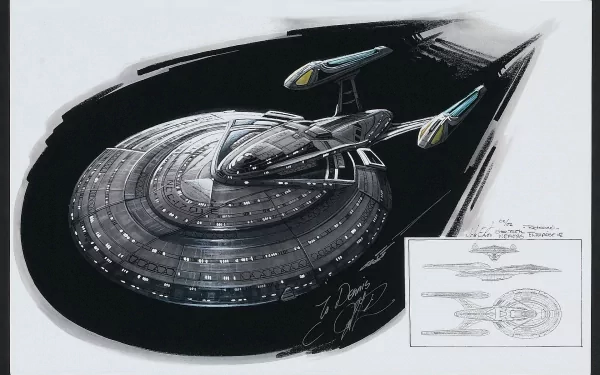 Sci‑Fi Star Trek HD PC desktop wallpaper background: detailed starship (saucer and twin nacelles) rendered over black space with inset technical schematics.