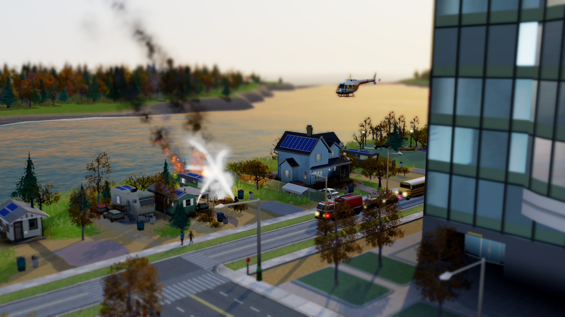 HD desktop wallpaper featuring a vibrant SimCity scene with emergency services responding to an incident.