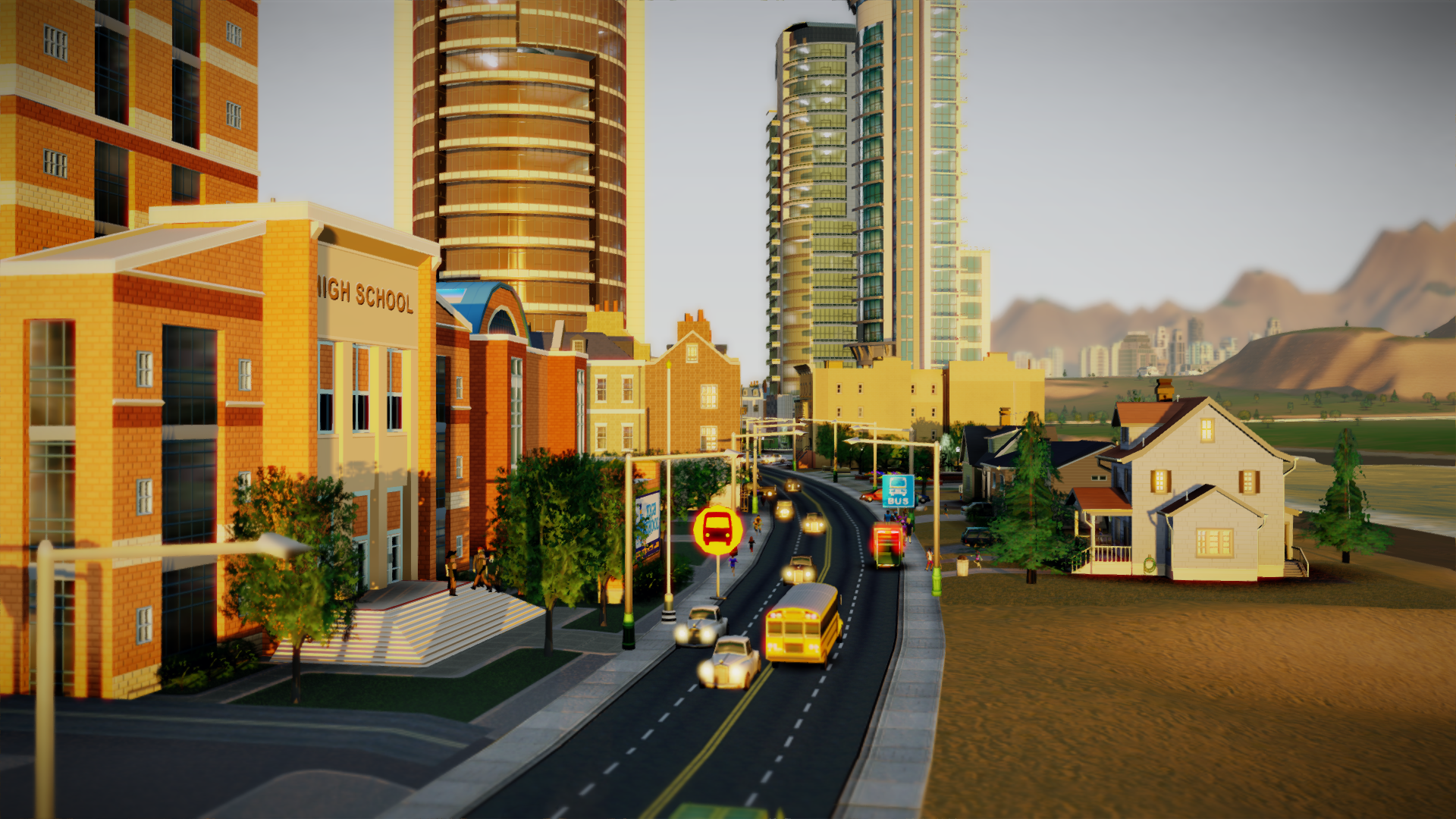 HD wallpaper of a bustling SimCity street with vehicles and buildings, capturing the essence of city planning.