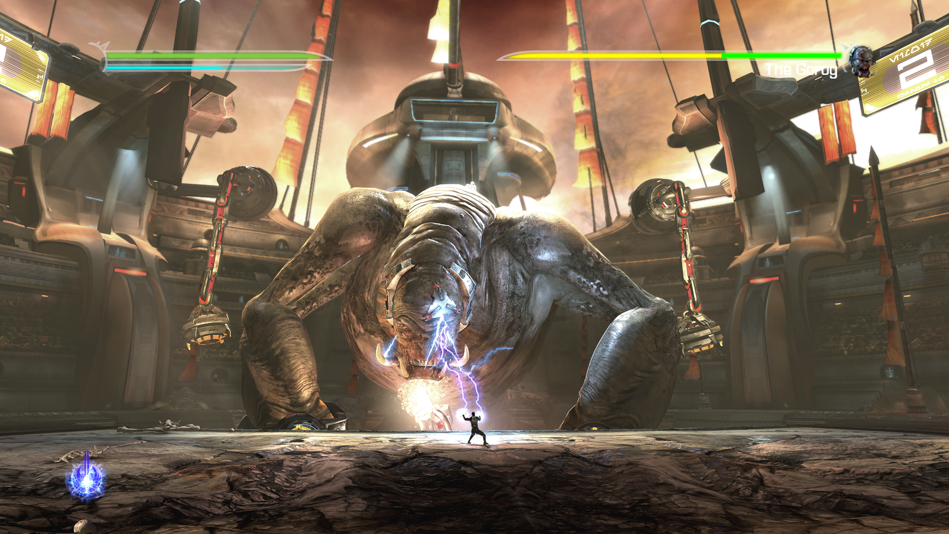 HD wallpaper from Star Wars: The Force Unleashed II featuring a character confronting a giant creature in a dramatic duel.