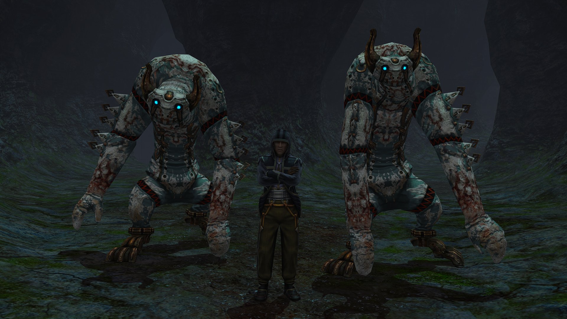 HD desktop wallpaper featuring a character from The Last Remnant game flanked by two large golem-like creatures in a dimly lit environment.