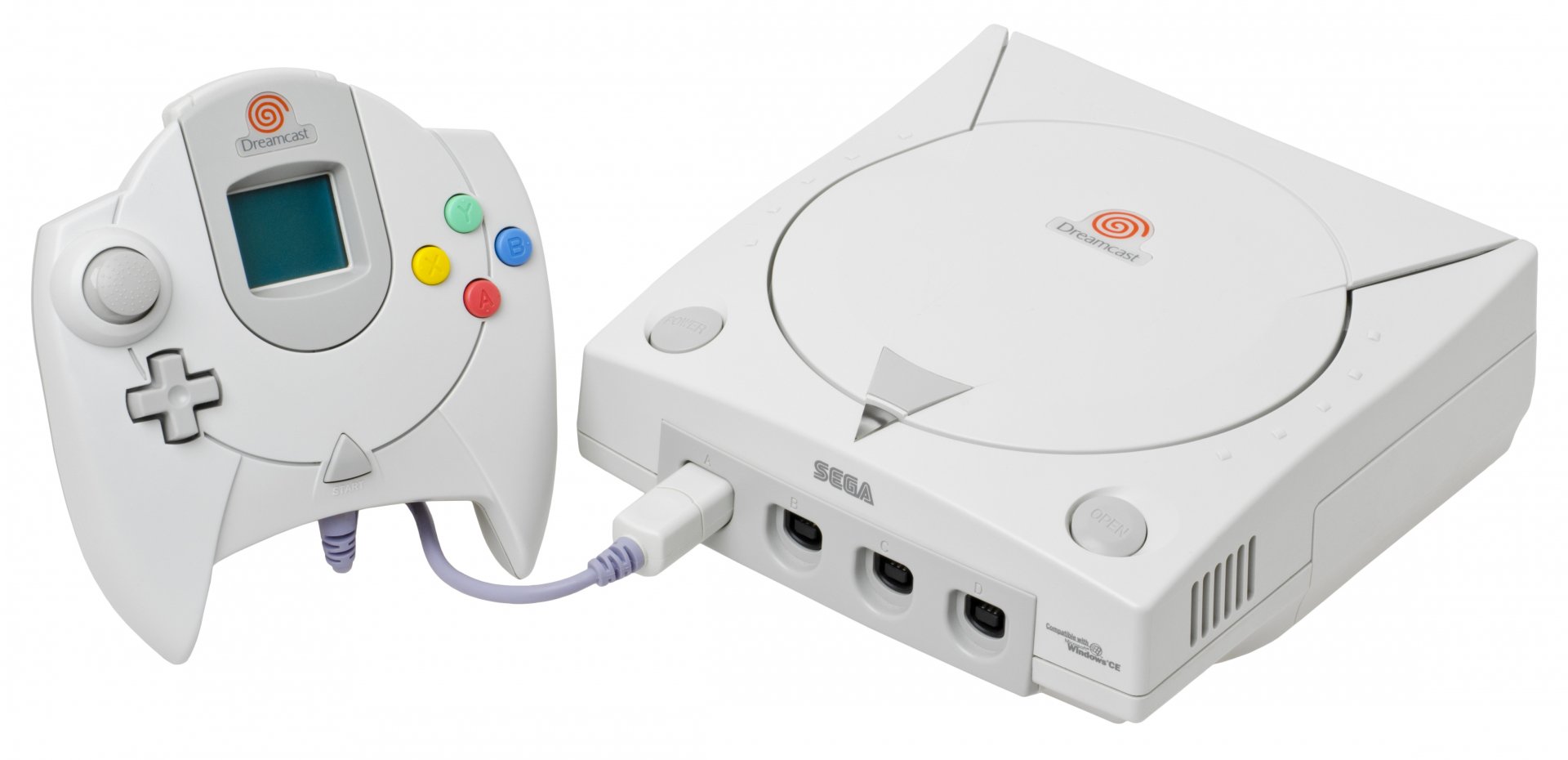 Sega Dreamcast console and controller on white background — 4K Ultra HD PC desktop wallpaper showcasing classic Dreamcast video game hardware.