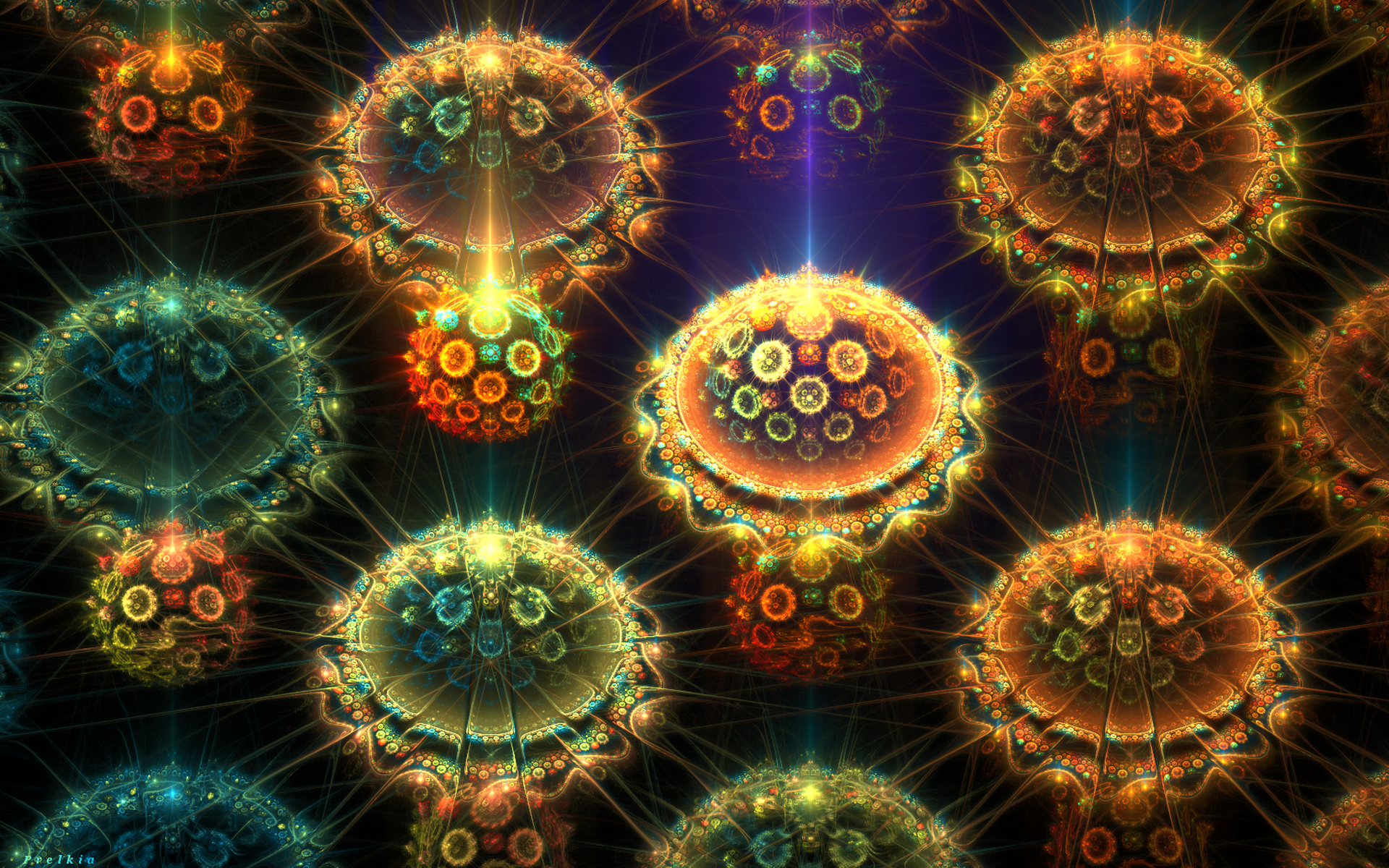 HD CGI desktop wallpaper featuring a vibrant, psychedelic fractal pattern with glowing, abstract orbs in rich orange, green, and blue hues, creating a trippy visual effect.