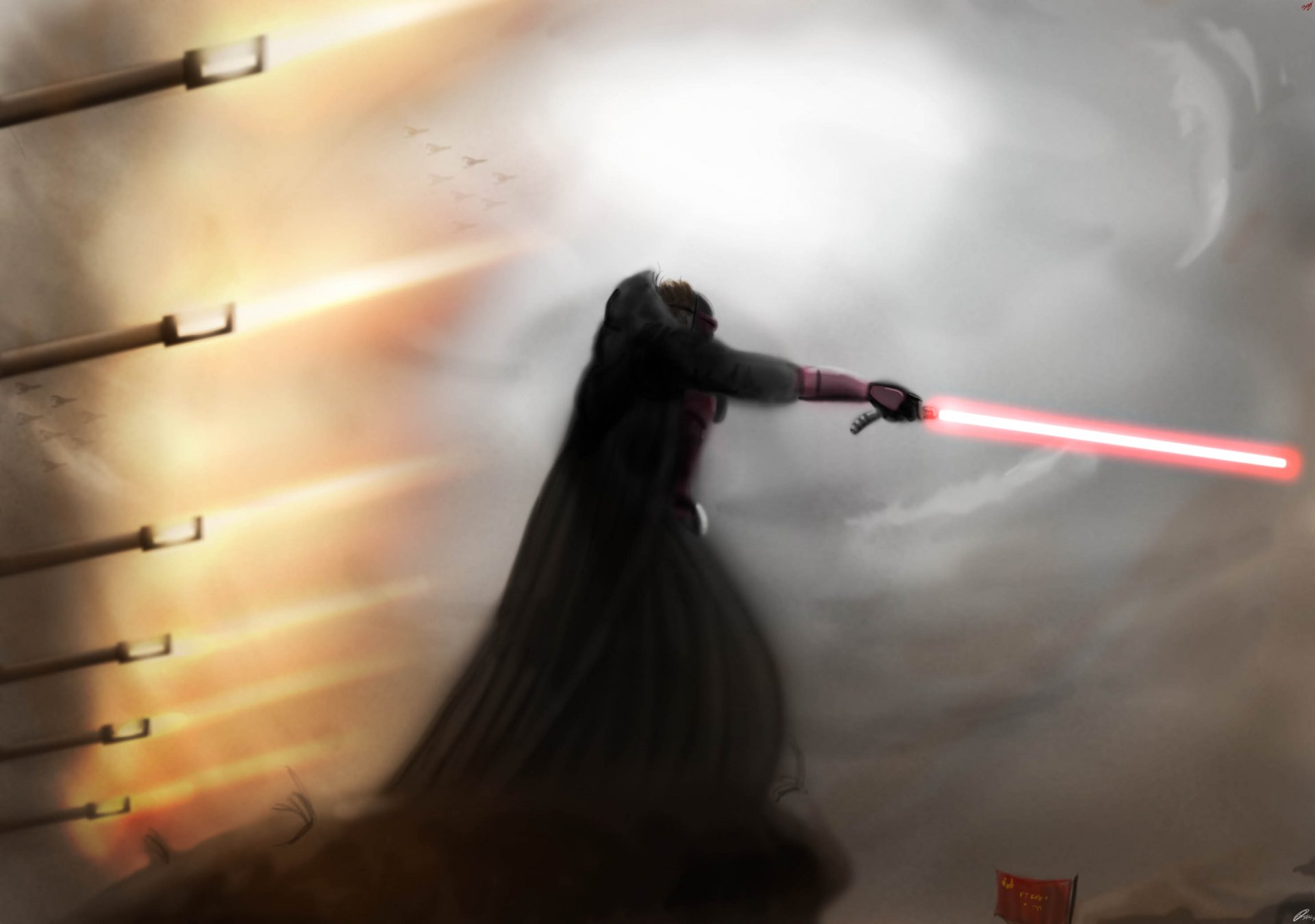 HD PC wallpaper of a Sith from Star Wars: Knights of the Old Republic, wielding a red lightsaber amid a smoky, battle-filled backdrop.