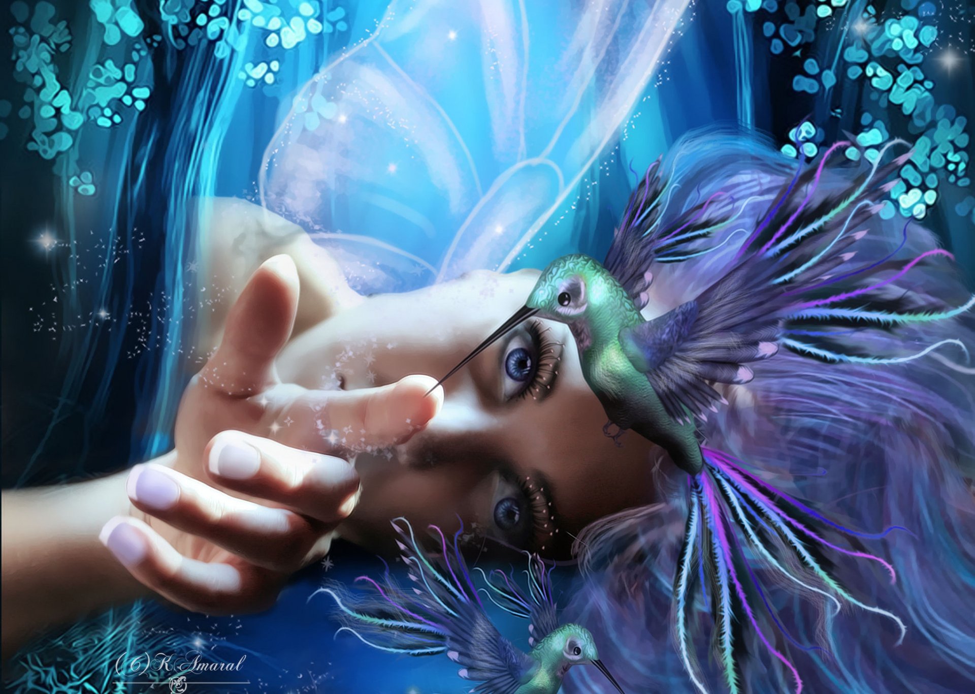 HD PC desktop wallpaper depicting a fantasy scene with a woman and a vibrant hummingbird surrounded by ethereal blue and purple hues in an artistic style.