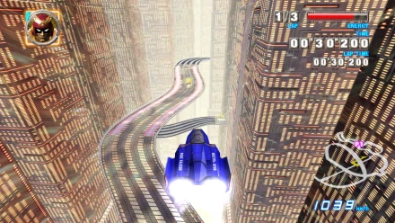 HD desktop wallpaper of F-Zero GX featuring a high-speed hovercar racing on a futuristic track amidst towering skyscrapers.