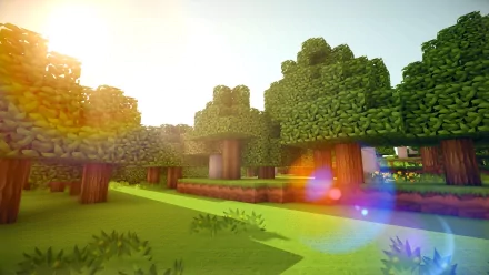 HD Minecraft wallpaper from Mojang featuring a lush in-game forest with sunlight flaring through the trees.