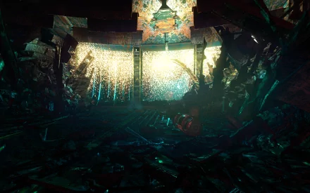 HD desktop wallpaper featuring a shattered space with a glowing portal, symbolizing a 'hard reset' theme.