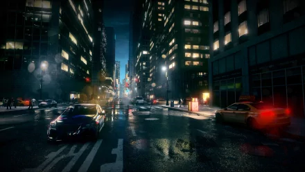 HD wallpaper of a moody, urban street scene at night from the game Battlefield 3, with vibrant city lights and dynamic car motion.