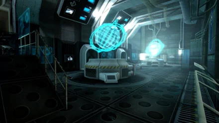HD wallpaper from Perfect Dark: Source featuring a futuristic interior with holographic globes and cool blue lighting.