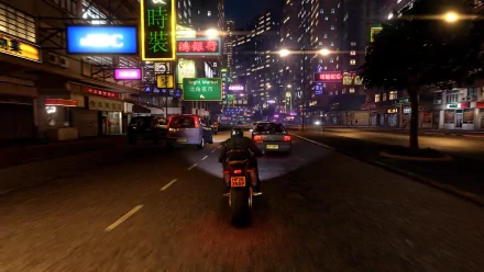 HD wallpaper of a motorcycle cruising down a neon-lit city street at night, reminiscent of the video game Sleeping Dogs.