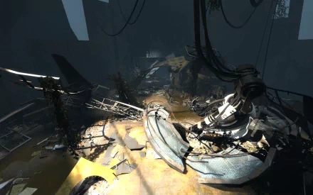 HD desktop wallpaper featuring a scene from Portal 2 with a dilapidated laboratory setting and advanced equipment.