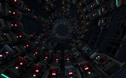 HD desktop wallpaper featuring a complex, futuristic tunnel from the video game Portal 2 with intricate wall panels and glowing red lights.