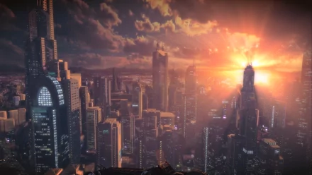 HD desktop wallpaper featuring a vibrant cityscape from Bulletstorm with a radiant sunset in the background.