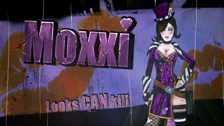 HD PC desktop wallpaper of Moxxi, a character from the video game Borderlands 2, featuring bold purple text and a stylized, vibrant background.