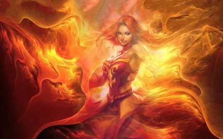 HD desktop wallpaper of Lina from DotA 2, featuring vibrant flames and fiery elements surrounding her dynamic figure, capturing the intense essence of the video game character.