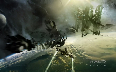 An HD wallpaper from the video game Halo: Reach, depicting a dynamic space scene with futuristic spacecraft shooting through a dramatic cosmic background.