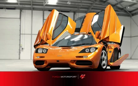 HD PC desktop wallpaper featuring an orange McLaren F1 with butterfly doors open, from the video game Forza Motorsport 4.