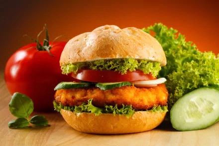 4K Ultra HD desktop wallpaper featuring a close-up of a crispy chicken burger with lettuce, tomato, and fresh vegetables on a wooden surface against an orange background.