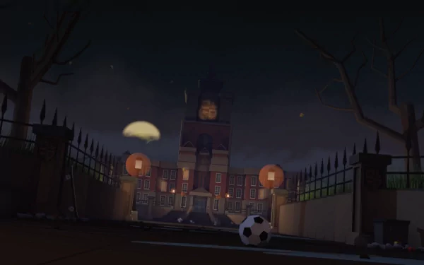 A captivating HD wallpaper featuring a dark, atmospheric scene from the video game Bully, showcasing a school building with eerie lighting and an abandoned soccer ball in the foreground.