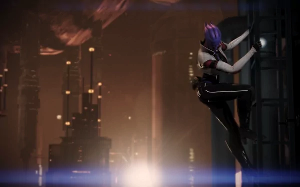 HD desktop wallpaper of Aria T'Loak from Mass Effect 3 climbing a ladder with a futuristic cityscape in the background.