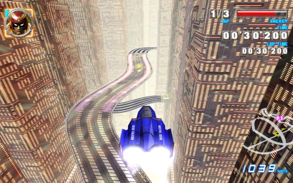 HD desktop wallpaper of F-Zero GX featuring a high-speed hovercar racing on a futuristic track amidst towering skyscrapers.