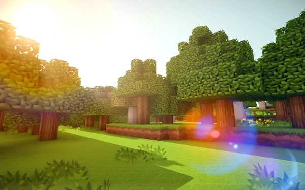 HD Minecraft wallpaper from Mojang featuring a lush in-game forest with sunlight flaring through the trees.