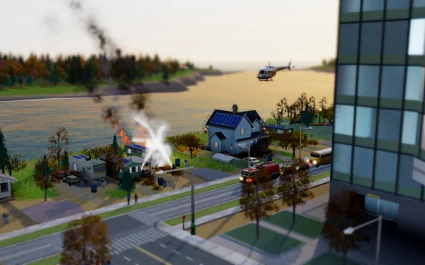 HD desktop wallpaper featuring a vibrant SimCity scene with emergency services responding to an incident.