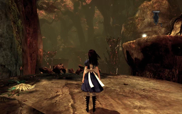 HD wallpaper from Alice: Madness Returns showing Alice exploring a grim, fantastical forest environment.