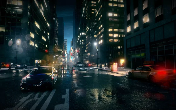 HD wallpaper of a moody, urban street scene at night from the game Battlefield 3, with vibrant city lights and dynamic car motion.