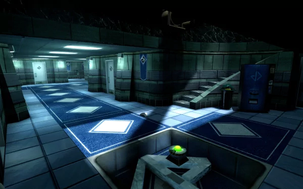 HD desktop wallpaper from Perfect Dark: Source featuring a sleek futuristic corridor with blue accents.