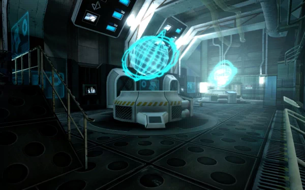 HD wallpaper from Perfect Dark: Source featuring a futuristic interior with holographic globes and cool blue lighting.