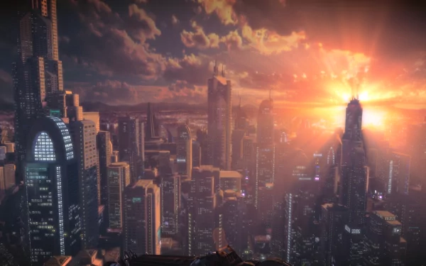 HD desktop wallpaper featuring a vibrant cityscape from Bulletstorm with a radiant sunset in the background.
